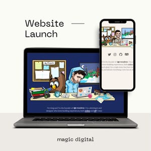 May include: A laptop and smartphone display a website launch graphic. The laptop screen shows a cartoon scene with an owl, a man, and the text "My Projects." The smartphone displays a website with social media icons.