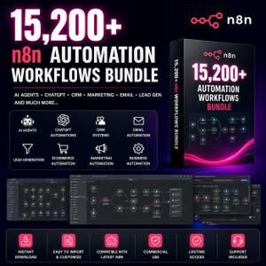 Peut inclure: Image promotionnelle pour un pack de flux de travail d'automatisation. L'image présente le texte "15 200+ n8n AUTOMATION WORKFLOWS BUNDLE" en blanc et rose. Des icônes représentent les agents IA, ChatGPT, les systèmes CRM, l'automatisation des e-mails, etc. Une boîte de produit et des diagrammes de flux de travail sont également affichés.