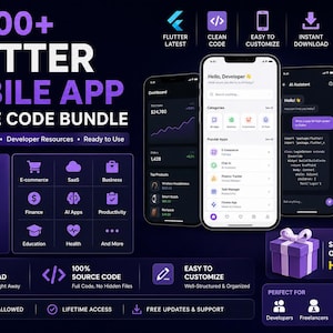 Pode incluir: Imagem promocional para um pacote de c&oacute;digo-fonte de aplicativos m&oacute;veis Flutter. A imagem apresenta v&aacute;rios smartphones exibindo interfaces de aplicativos, juntamente com &iacute;cones e texto que destacam os principais recursos, como download instant&acirc;neo e uso comercial. O texto diz "10.000+ Flutter Mobile App Source Code Bundle."