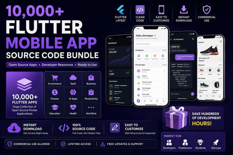 Pode incluir: Imagem promocional para um pacote de c&oacute;digo-fonte de aplicativos m&oacute;veis Flutter. A imagem apresenta v&aacute;rios smartphones exibindo interfaces de aplicativos, juntamente com &iacute;cones e texto que destacam os principais recursos, como download instant&acirc;neo e uso comercial. O texto diz "10.000+ Flutter Mobile App Source Code Bundle."