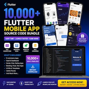 May include: A promotional image for a Flutter mobile app source code bundle. The image features multiple smartphones displaying app interfaces, a laptop with code, and the text "10,000+ Flutter Mobile App Source Code Bundle".