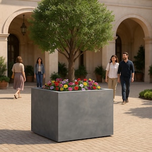 Modern Fiberglass Cube Planter: Indoor Outdoor Garden Pot - Concrete Look