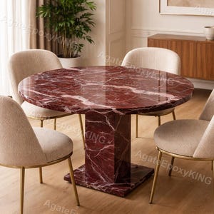 Authentic Italian Rosso Levanto Marble Table – Luxury Round Dining Table – Hand-Polished Red Marble Pedestal Table – Bespoke Stone Furniture