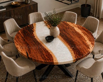 Round Wood Resin Dining Table with White Quartz Inlay, Luxury Live Edge River Table, Custom Round Kitchen Table