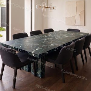 Custom Green Marble Dining Table, Luxury Dark Green Epoxy Tabletop with Pedestal Base, Modern Rectangular Dining Table, Resin Furniture