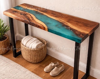 Live Edge Olive Wood Console Table, Turquoise Epoxy Resin River Table, Narrow Entryway Table, Luxury Hallway Accent Table