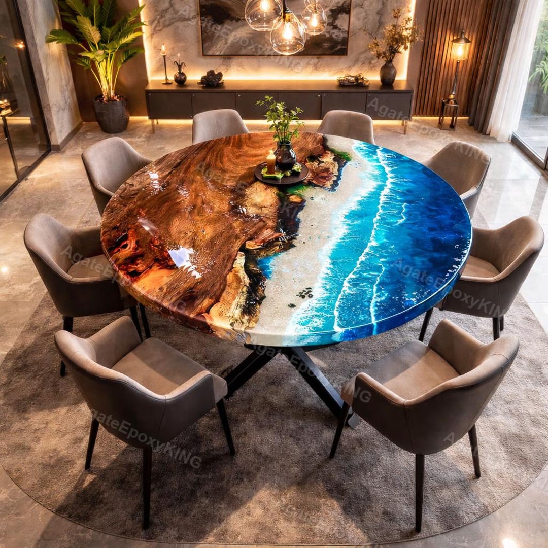 Handmade Live Edge Ocean Table, Deep Sea Blue Epoxy River Dining Table ...
