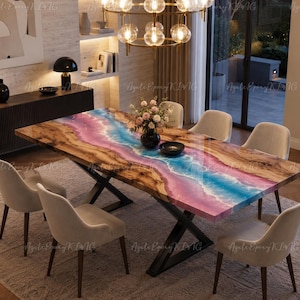 Live Edge Wood Epoxy Resin Dining Table, Ocean Wave Geode Art Table, Purple Blue Crystal River Table, Custom Luxury Conference Table
