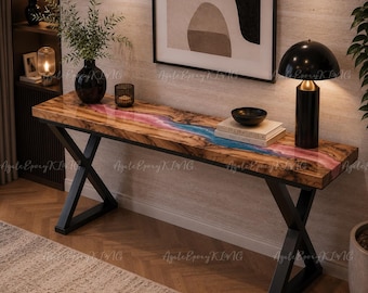Luxury Burl Wood Epoxy Console Table, Colorful Resin River Hallway Table, Live Edge Sofa Table, Entryway Furniture, Custom Resin Table