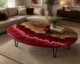 Luxury Red Epoxy River Coffee Table Oval, Live Edge Walnut Resin Table, Mid Century Modern Ocean Wave Furniture Handmade Luxury Centerpiece