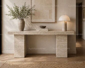 Luxury Travertine Console Table, Minimalist Stone Entryway Table, Modern Sculptural Hallway Table, Neutral Beige Marble Look Sofa Table