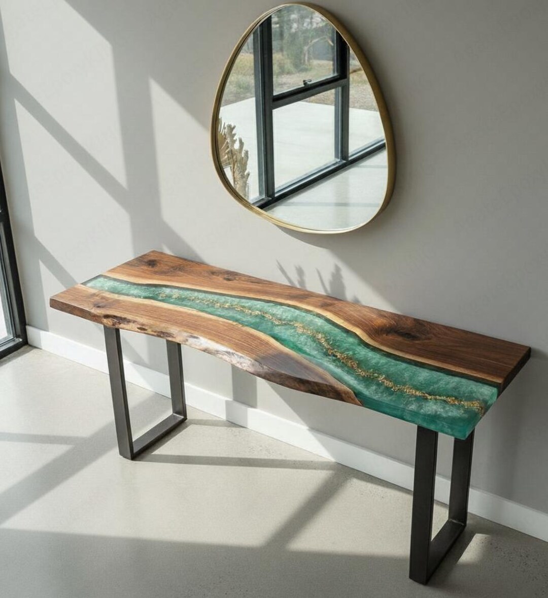 Live Edge Walnut River Console Table | Green Epoxy Resin Entryway Table ...