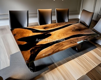 Mesa de centro de resina epoxi / Black River Design / Losa de madera maciza de nogal / Mesa de comedor moderna con borde natural / Mesa de isla de cocina a medida /