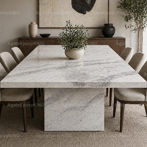 Luxury White Marble Dining Table, Modern Minimalist Marble Table, Rectangular Pedestal Table, High-End Stone Furniture, Custom Marble Table