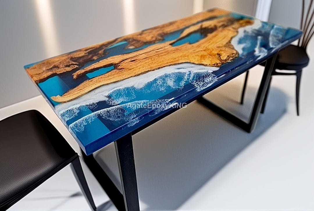 Handmade Ocean Resin River Dining Table – Live Edge Wood & Epoxy Wave ...