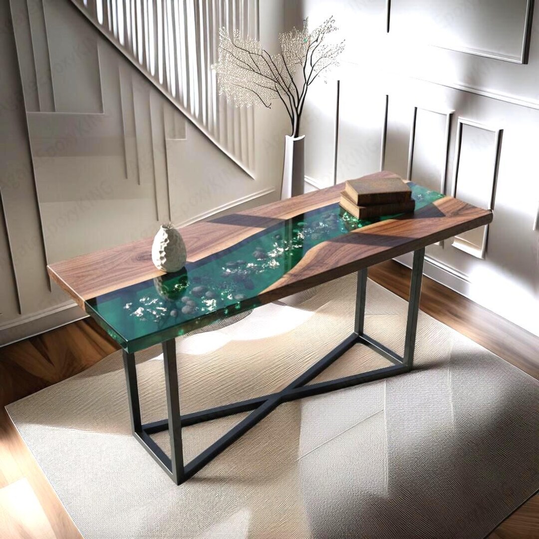 Emerald Green Epoxy Resin River Console Table | Live Edge Walnut Wood ...