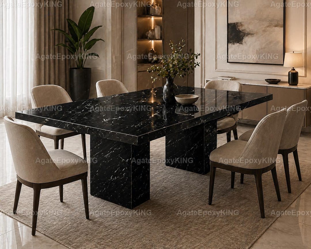 Luxury Black Marble Dining Table, Modern Rectangle Stone Kitchen Table ...