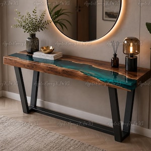 Live Edge Wood Console Table with Teal Epoxy River | Custom Walnut Resin Hallway Table | Modern Furniture | Sofa Table | Luxury Home Decor