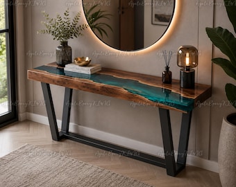Live Edge Wood Console Table with Teal Epoxy River | Custom Walnut Resin Hallway Table | Modern Furniture | Sofa Table | Luxury Home Decor