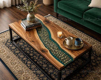 Live Edge Wood Coffee Table with River Stone and Teal Epoxy Resin, Pebble River Coffee Table, Rustic Modern Living Room Center Table