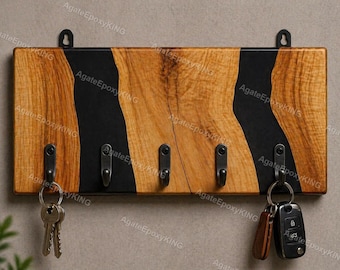 Live Edge Wood & Black Resin Key Holder for Wall | Rustic Olive Wood Entryway Organizer | Modern River Style Key Rack | Handmade Wall Gift