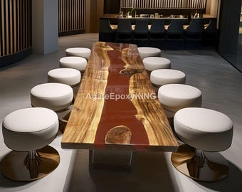 Handmade Live Edge Dining Table | Red Epoxy Resin River & Natural Wood Slab Modern Furniture Luxury Live Edge River Solid Wood Dining Table|
