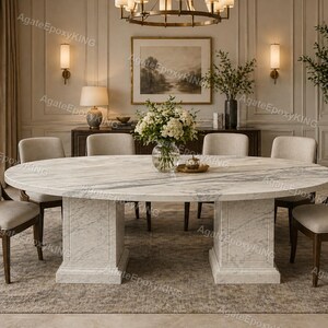 Handcrafted White Marble Oval Dining Table, Luxury Natural Stone Table, Minimalist Pedestal Base, Modern Marble Table, Designer Furniture