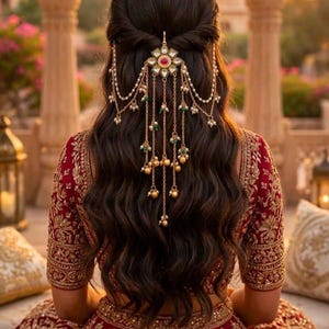 Könnte beinhalten: Ein goldfarbenes Kundan-Haaraccessoire mit einem zentralen blumenförmigen Element mit einem rosa Stein, umgeben von mehreren hängenden Goldketten, die mit kleinen weißen Perlen und grünen Perlen verziert sind, befestigt in langem, welligem, dunkelbraunem Haar.