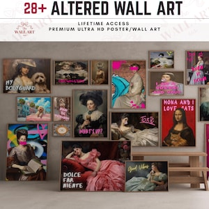Puede incluir: Una colección de veintiocho láminas de arte mural alteradas que presentan retratos clásicos y escenas superpuestas con texto de estilo neón vibrante y elementos gráficos. La pared de la galería muestra varias obras enmarcadas con leyendas humorísticas como My Bodyguard, Crewmates, What's Up, Toxic y Dolce Far Niente.