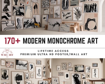 170+ Schwarz-Weiß-Wand-Kunst-Set, minimalistische druckbare Poster, Japandi-Galerie-Set, modernes monochromes Dekor
