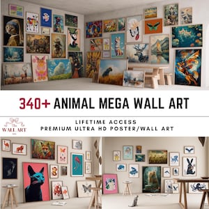 Puede incluir: Una colección de impresiones artísticas de animales enmarcadas, exhibidas en una pared. Las impresiones presentan varios animales, incluyendo gatos, perros y mariposas. El texto "340+ ANIMAL MEGA WALL ART" se muestra de forma destacada.