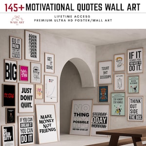 Pode incluir: Uma coleção de arte de parede com citações motivacionais emolduradas. Os cartazes apresentam várias citações em negrito, fontes pretas sobre fundos brancos. A imagem inclui o texto "145+ MOTIVATIONAL QUOTES WALL ART" e "LIFETIME ACCESS PREMIUM ULTRA HD POSTER/WALL ART."