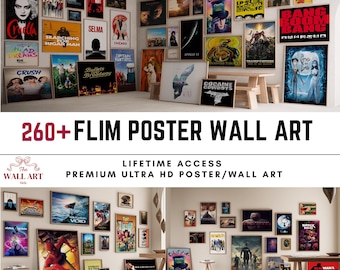 Paquete de más de 260 pósteres de películas para decorar paredes, pósteres de cine retro, galería de cultura pop, conjunto de decoración imprimible para sala de cine.