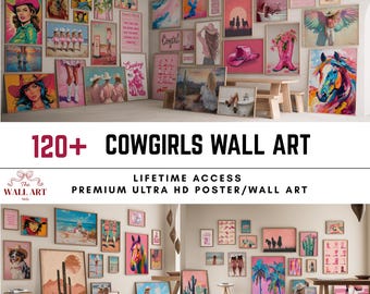 120+ Cowgirl Wall Art Set, Coastal Cowgirl Posters, Pink Western Printable Decor, Rodeo Girl Bedroom Gallery Wall Bundle