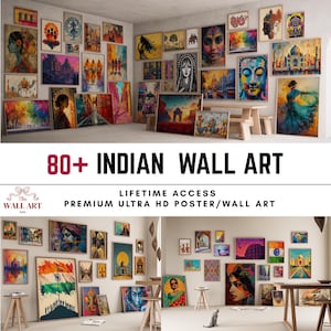Może przedstawiać: Prezentacja indyjskiej sztuki ściennej, z licznymi oprawionymi wydrukami o żywych kolorach i różnorodnych motywach. Tekst "80+ INDIAN WALL ART" jest wyraźnie widoczny, wraz ze słowami "LIFETIME ACCESS PREMIUM ULTRA HD POSTER/WALL ART".