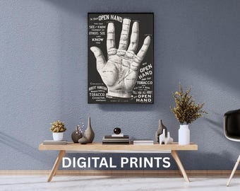 Könnte beinhalten: Ein gerahmter Schwarz-Weiß-Druck mit einer detaillierten Illustration einer Handfläche mit Linien und Text. Der Druck enthält die Wörter "OPEN HAND" und "TOBACCO". Die Worte "DIGITAL PRINTS" stehen unten.