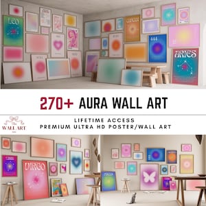 Könnte beinhalten: Eine Sammlung gerahmter Aura-Wandkunst in verschiedenen Größen und Farben, darunter rosa, blaue und orangefarbene Farbverläufe. Die Kunstwerke zeigen astrologische Symbole und Zahlen. Der Text auf dem Bild lautet "270+ AURA WALL ART" und "LIFETIME ACCESS PREMIUM ULTRA HD POSTER/WALL ART."