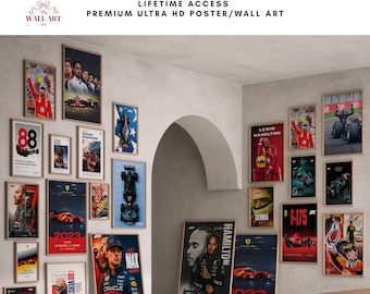 Peut inclure: Une collection d'affiches de Formule 1 exposées sur des murs, présentant diverses voitures de course, pilotes et images de course. Les affiches sont encadrées en bois clair et présentent des couleurs vives, dont le rouge, le noir et le bleu, avec le texte 45+ FORMULA 1 POSTER BUNDLE.