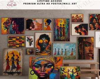 May include: A collection of wall art prints featuring diverse African-themed illustrations, including portraits of individuals, silhouettes of figures, and abstract patterns in vibrant colors. The text reads 30+ AFRICAN JUNETEENTH WALL ART.