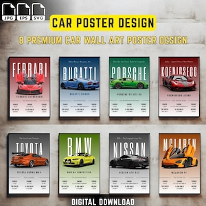 8 Premium Car Wall Art Poster Bundle – Ferrari, Bugatti, McLaren, BMW, Nissan & More | Supercar Digital Prints | Garage Décor.
