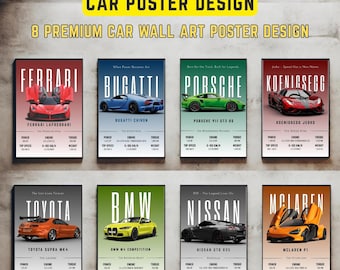 8 Supercar Poster Bundle, Car Wall Art Prints, Garage Decor Posters, JDM Racing Wall Art, Automotive Digital Download
