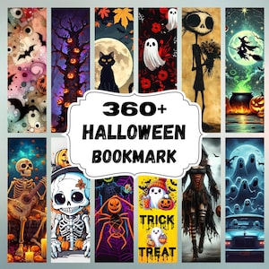 Könnte beinhalten: Eine Sammlung vertikaler rechteckiger Lesezeichen mit verschiedenen Halloween-Illustrationen, darunter Geister, Skelette, Kürbisse, schwarze Katzen und Hexen. Das weiße Etikett in der Mitte zeigt den schwarzen Text 360+ HALLOWEEN BOOKMARK.