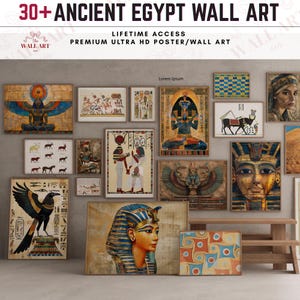 Peut inclure: Une collection de 30+ affiches d'art mural sur l'Égypte ancienne présentant diverses illustrations historiques, dont des pharaons, des divinités, des hiéroglyphes et des motifs géométriques dans des tons dorés, bleus et terre.