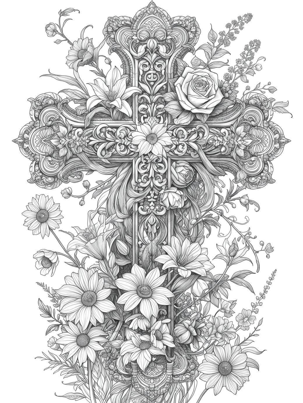 Ornate Floral Cross Adult Coloring Page Printable Christian Faith…