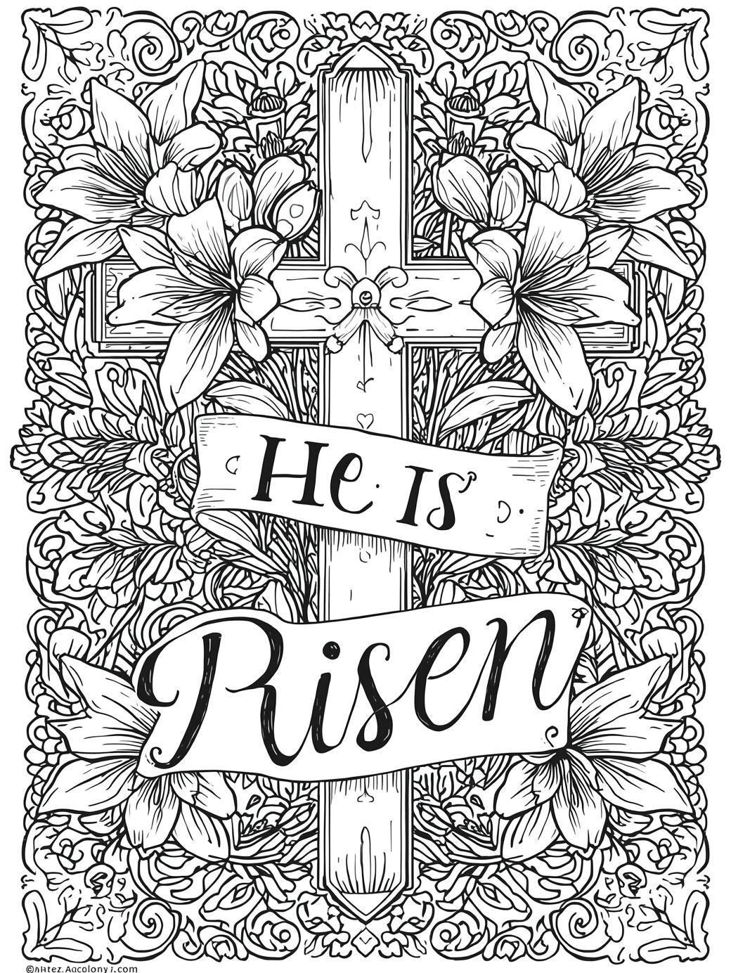 He is Risen Coloring Page | Christian Easter Floral Art (digital ...