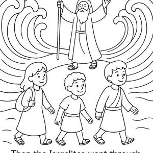 Könnte beinhalten: Schwarz-Weiß-Illustration einer biblischen Szene. Moses mit Stab steht vor geteilten Wellen, mit drei Figuren, die gehen. Der Text unten lautet: „Dann zogen die Israeliten durch das Meer auf trockenem Boden. EXODUS 14:22.“