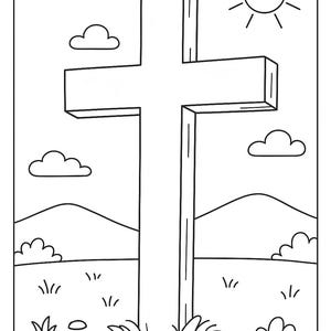 May include: Line art illustration of a large cross in a landscape. The cross is centered, with a sun and clouds in the sky. The ground features grass, bushes, and small rocks. This image is suitable for coloring.