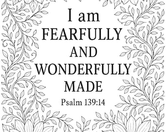 Psalm 139:14 Coloring Page - Floral Bible Verse Art (Digital Download)