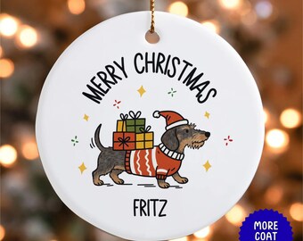 Wirehaired Dachshund Custom Dog Name Ornament | Personalized Pet Christmas Ornament | Wire-Haired Doxie Lover Gift | Customized Dog Ornament