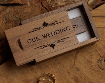 Custom Square Flash Drive with Walnut Box Personalised Photo Drive for Couples Wedding Photography USB